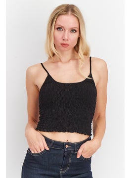 Women U-Neck Sleeveless Ruched Top, Black