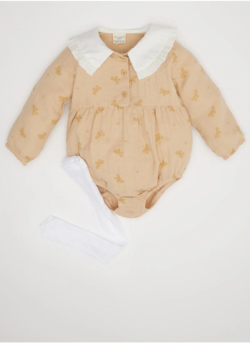 ديفاكتو Newborn Butterfly Print Muslin Snap-Up Long Sleeve Romper With Tights 2-Piece Set