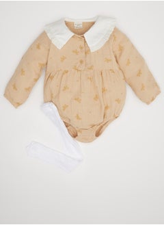 DeFacto Newborn Butterfly Print Muslin Snap-Up Long Sleeve Romper With Tights 2-Piece Set  - Image 1