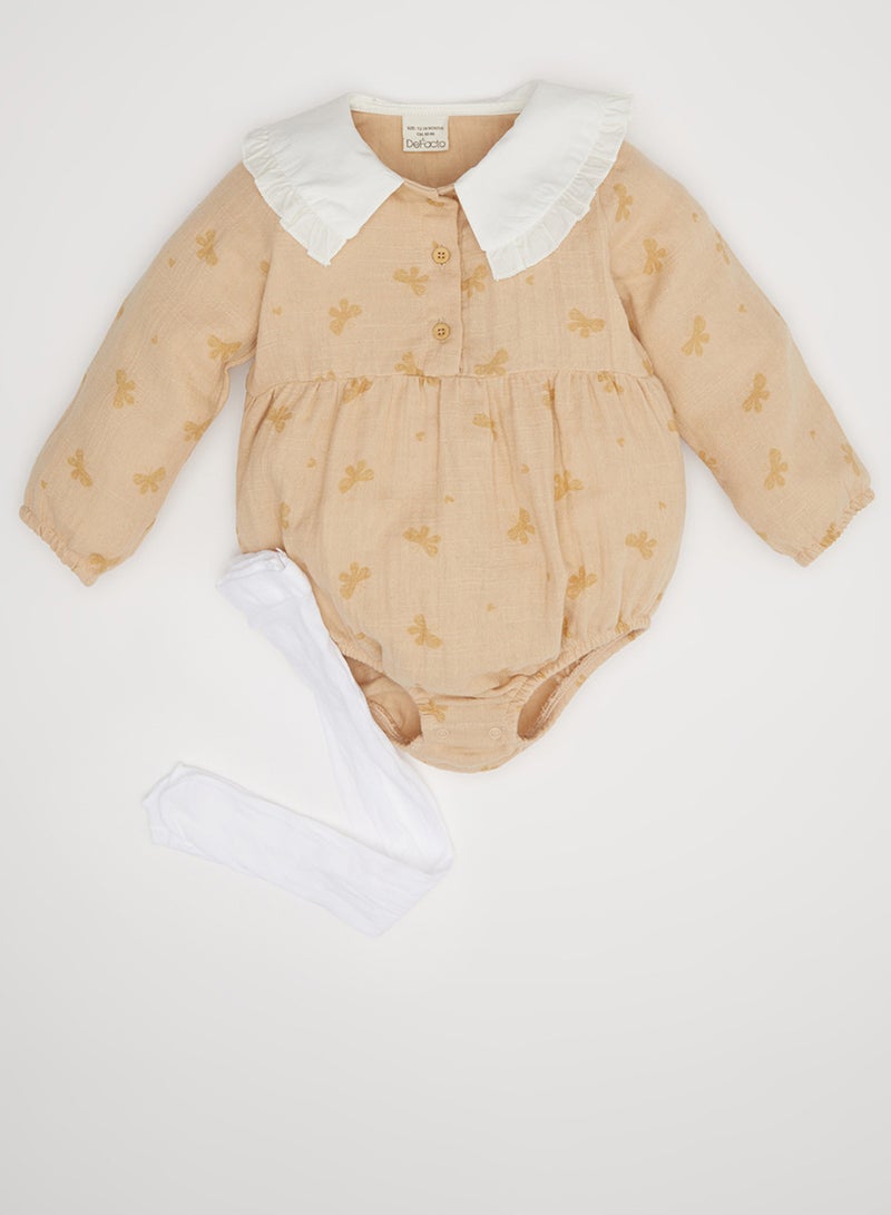 DeFacto Newborn Butterfly Print Muslin Snap-Up Long Sleeve Romper With Tights 2-Piece Set  - Image 1