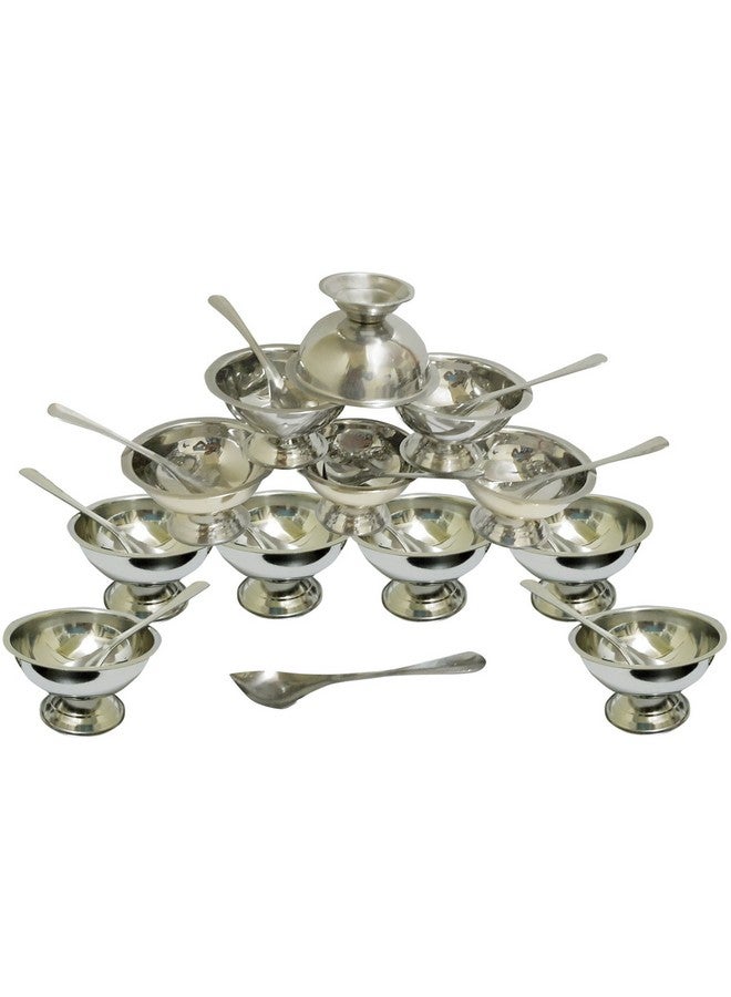 Dynore Stainlees Steel 24 Pieces Set of Ice Cream Cups/Soup Bowl with Ice Cream Spoon - 12 Piece Each