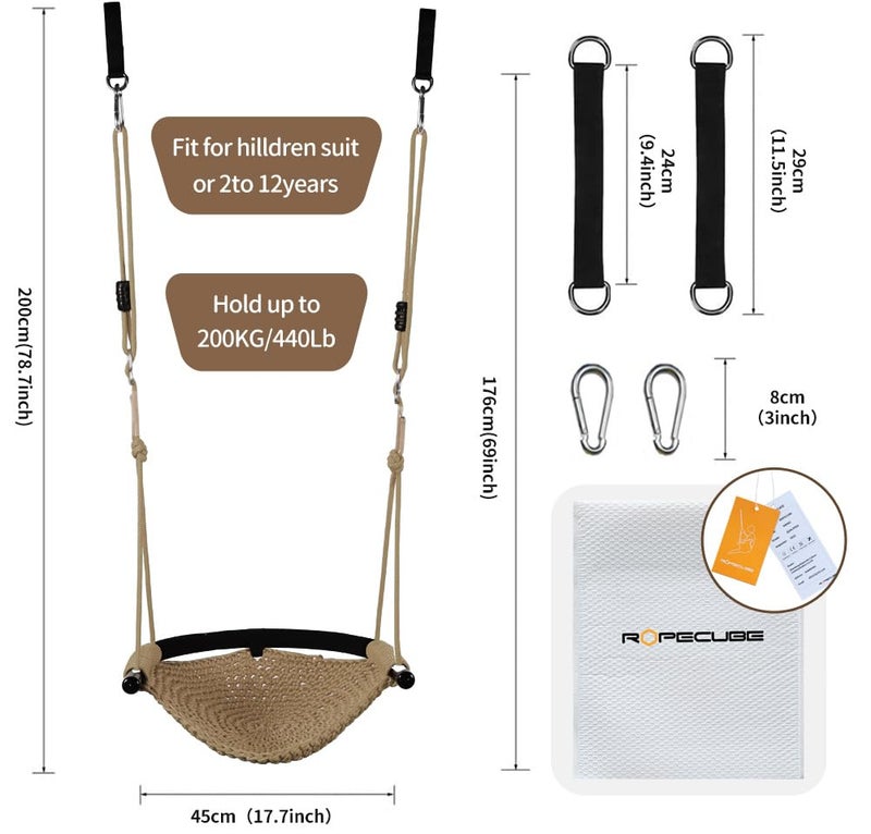 ROPECUBE Hand-Knitting Toddler Swing, Swing Seat for Kids with Adjustable Ropes, Little tikes Swings Set, for Outdoor Indoor, Playground, Backyard (Light Brown) - Image 5