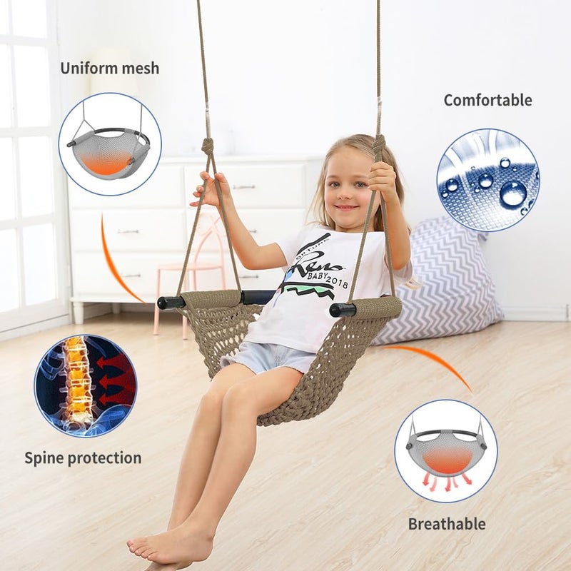 ROPECUBE Hand-Knitting Toddler Swing, Swing Seat for Kids with Adjustable Ropes, Little tikes Swings Set, for Outdoor Indoor, Playground, Backyard (Light Brown) - Image 4