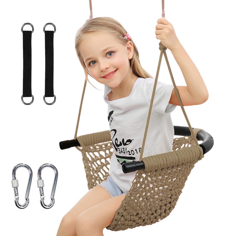 ROPECUBE Hand-Knitting Toddler Swing, Swing Seat for Kids with Adjustable Ropes, Little tikes Swings Set, for Outdoor Indoor, Playground, Backyard (Light Brown) - Image 1
