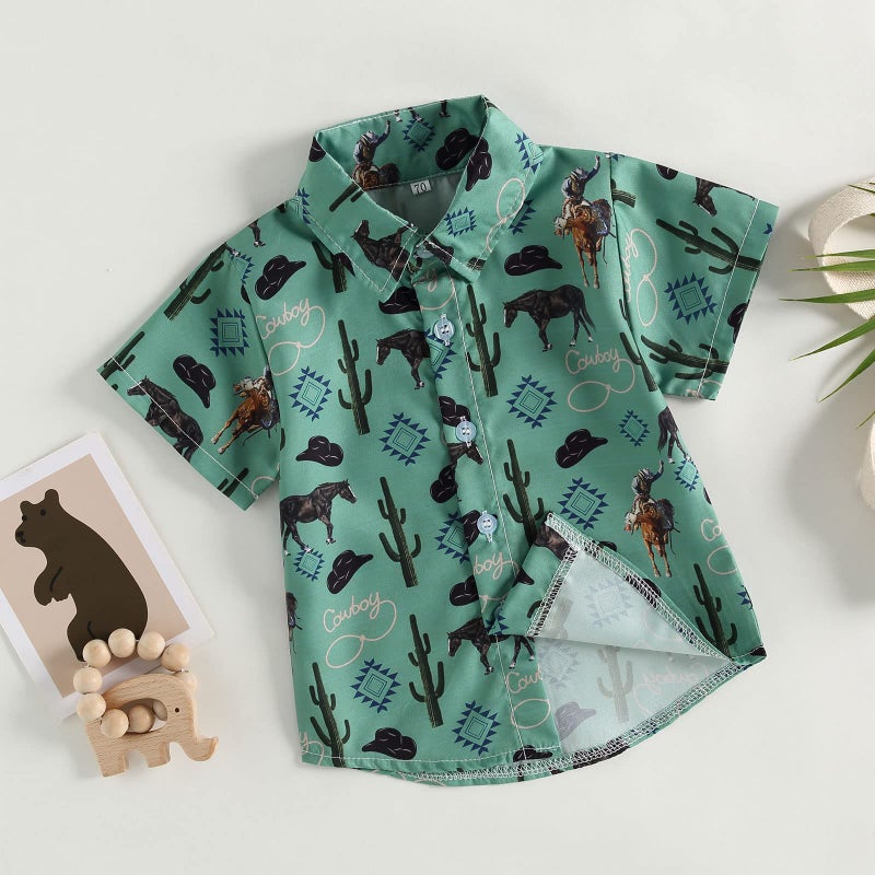 DNOMAID YZARC Western Baby Boy Clothes Button Down Short Sleeve Shirts Country Cowboy Dress Shirt Tops Summer Vintage Clothes (Green, 3-4 Years) - Image 3