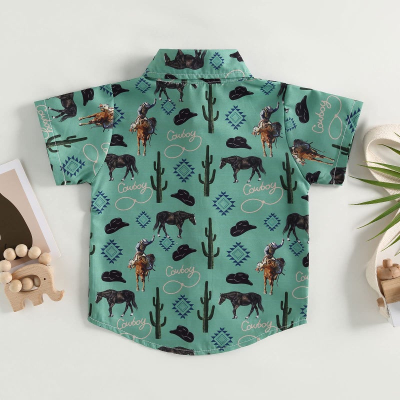 DNOMAID YZARC Western Baby Boy Clothes Button Down Short Sleeve Shirts Country Cowboy Dress Shirt Tops Summer Vintage Clothes (Green, 3-4 Years) - Image 4