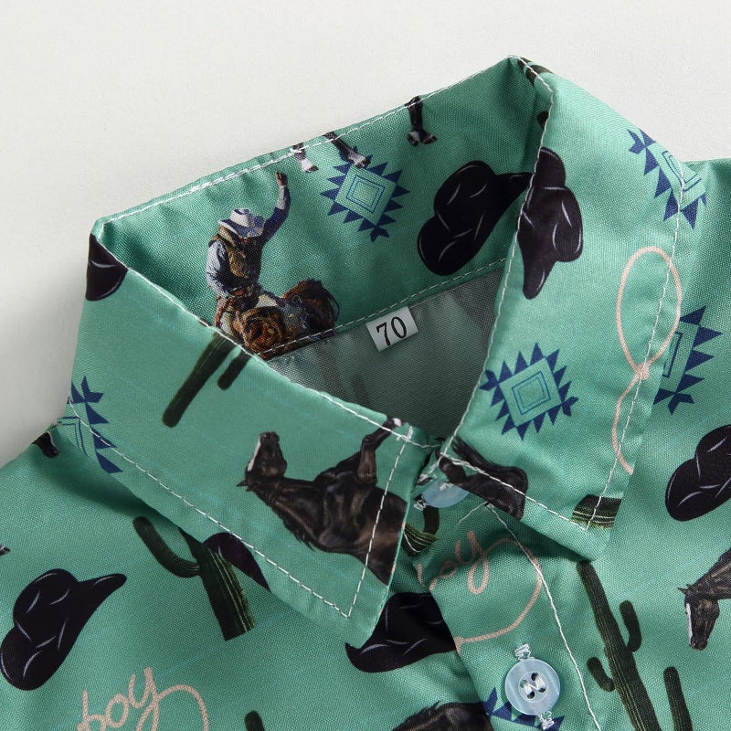 DNOMAID YZARC Western Baby Boy Clothes Button Down Short Sleeve Shirts Country Cowboy Dress Shirt Tops Summer Vintage Clothes (Green, 3-4 Years) - Image 5