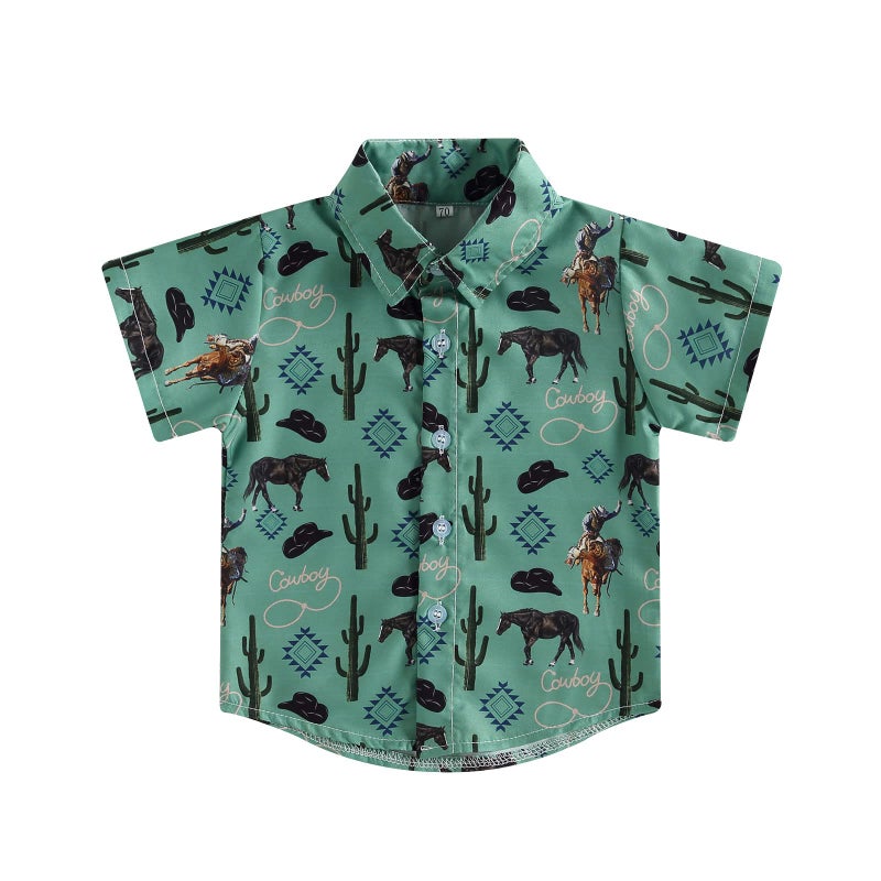 DNOMAID YZARC Western Baby Boy Clothes Button Down Short Sleeve Shirts Country Cowboy Dress Shirt Tops Summer Vintage Clothes (Green, 3-4 Years) - Image 1