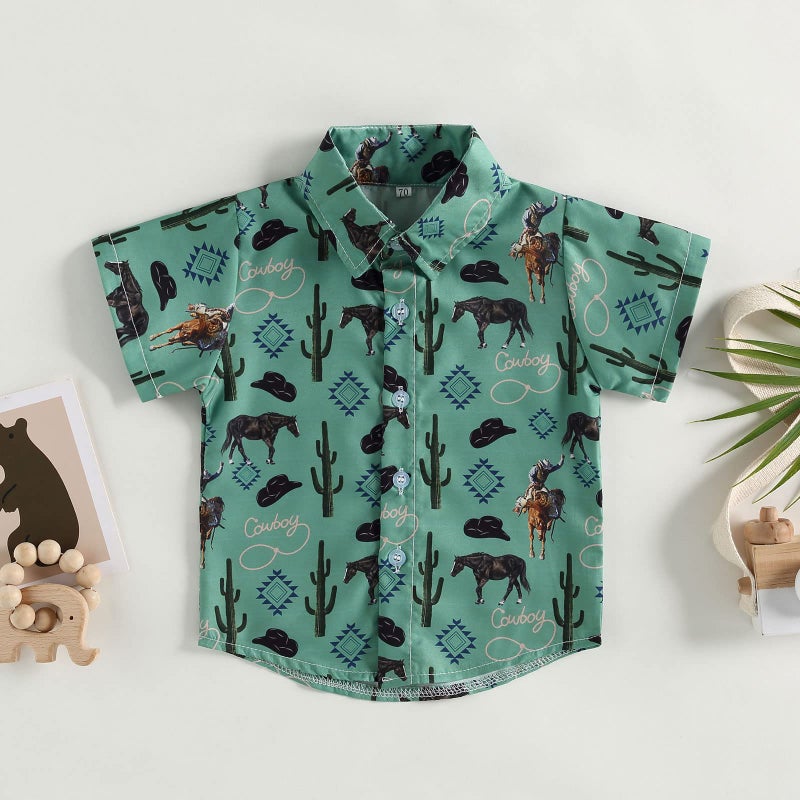 DNOMAID YZARC Western Baby Boy Clothes Button Down Short Sleeve Shirts Country Cowboy Dress Shirt Tops Summer Vintage Clothes (Green, 3-4 Years) - Image 2