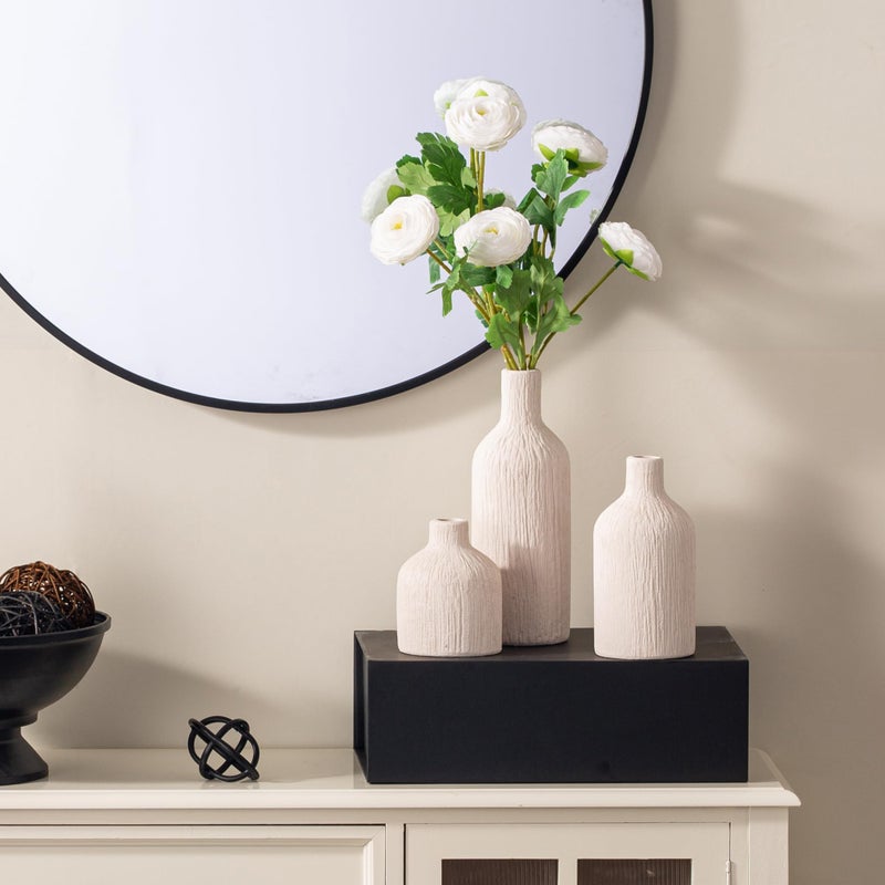 Vanselia Ceramic Vase Home Table Decor - White Flower Vase Set of 3 Living Room Kitchen Decorations Farmhouse Modern Rustic Vases Decorative Centerpiece for Shelf Bedroom Office Bathroom Dining Coffee Desk - Image 3