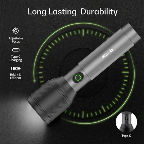 IBELL LUMINEX 850 Rechargeable Torch Light – Pack of 2| High Power LED,3 Light Modes,15W,2200 mah Battery Telescopic Zoom,USB-C Charging, Aluminium Flashlight for Home, Outdoor & Emergency Use (Grey) - Image 5