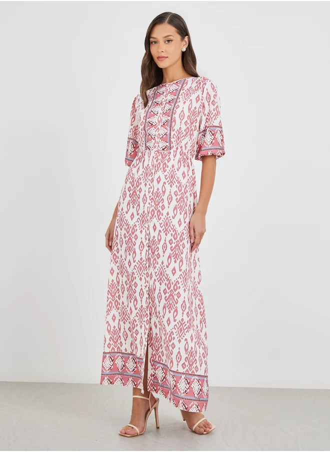ستايلي Styli All-Over Print 3/4th Sleeves A-Line Maxi Dress with Button Front