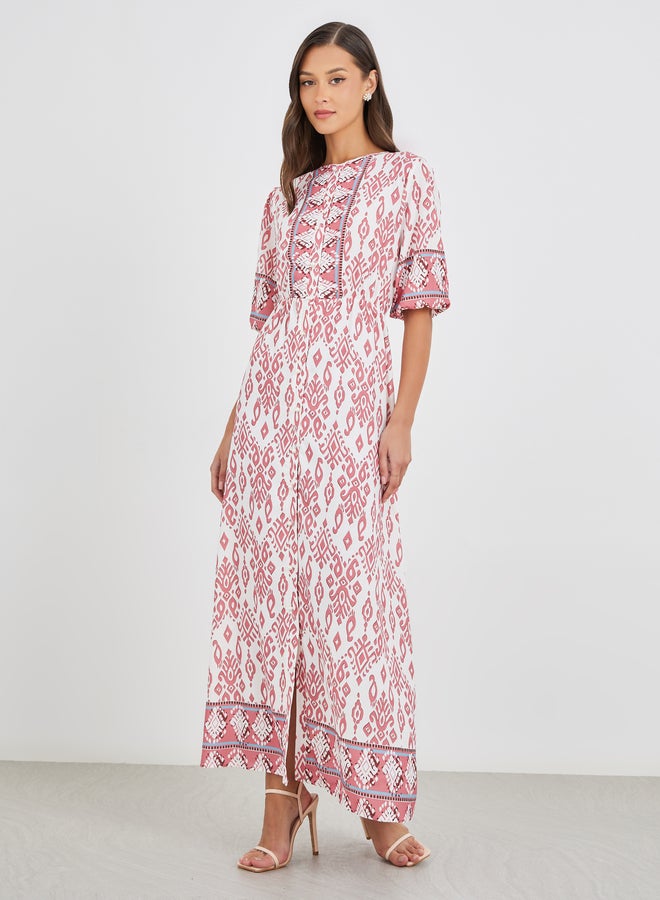 Styli All-Over Print 3/4th Sleeves A-Line Maxi Dress with Button Front - Image 1