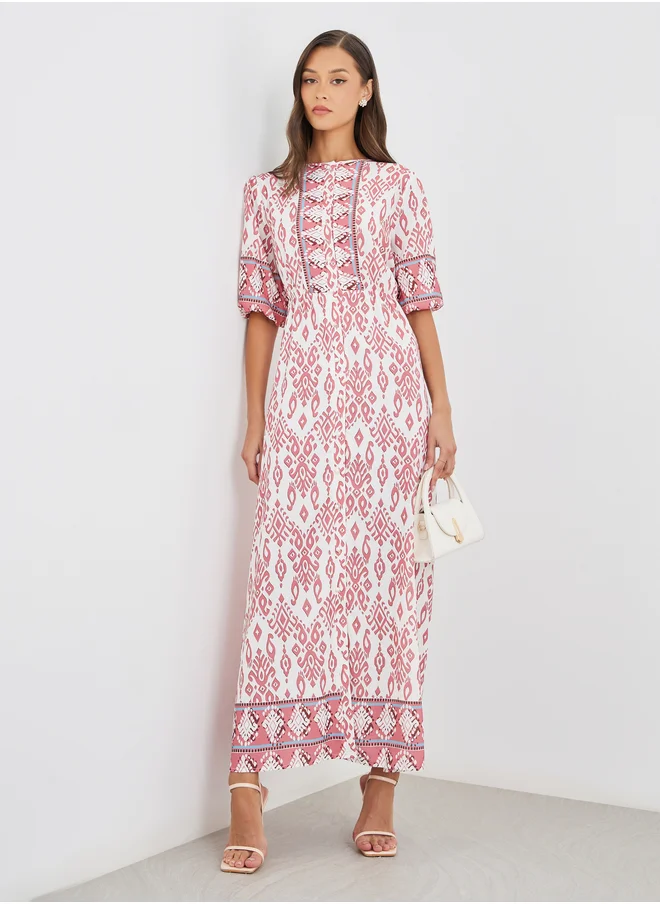 ستايلي Styli All-Over Print 3/4th Sleeves A-Line Maxi Dress with Button Front