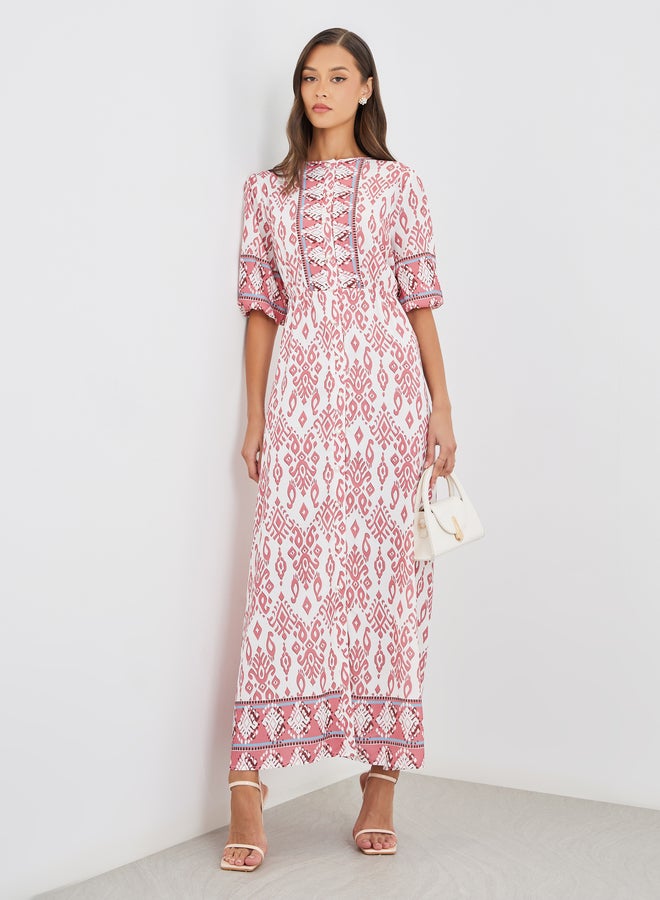 Styli All-Over Print 3/4th Sleeves A-Line Maxi Dress with Button Front - Image 2