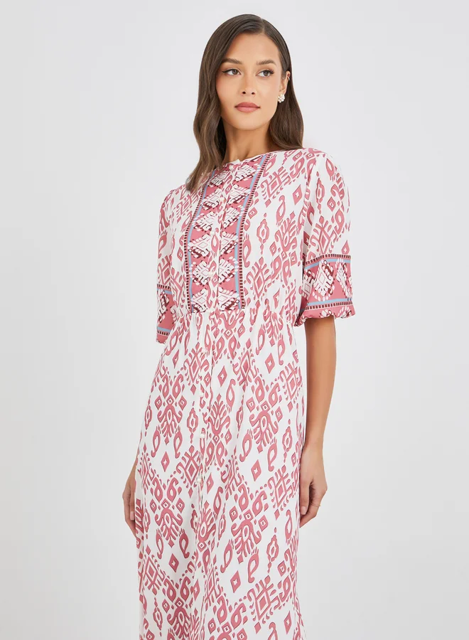Styli Styli All-Over Print 3/4th Sleeves A-Line Maxi Dress with Button Front
