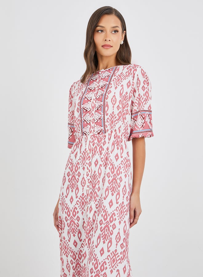 Styli All-Over Print 3/4th Sleeves A-Line Maxi Dress with Button Front - Image 3