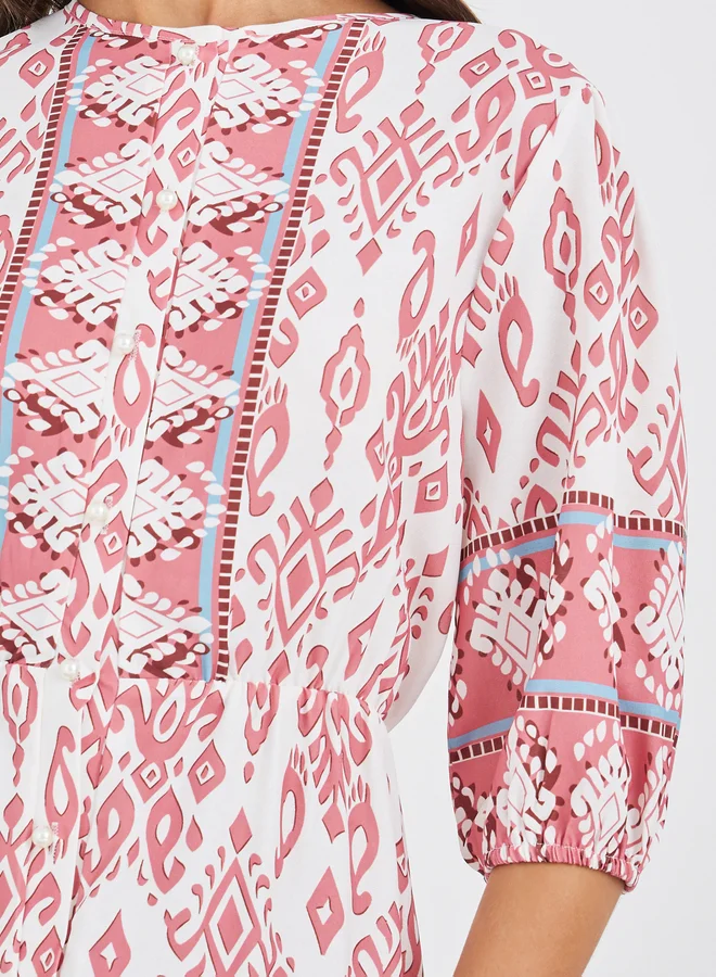 Styli Styli All-Over Print 3/4th Sleeves A-Line Maxi Dress with Button Front