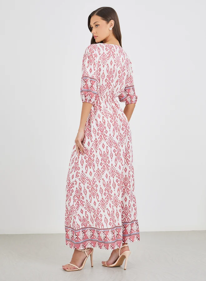 Styli Styli All-Over Print 3/4th Sleeves A-Line Maxi Dress with Button Front