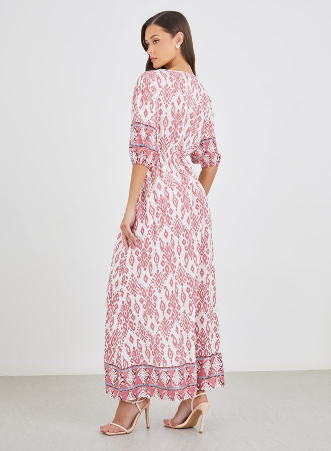 Styli All-Over Print 3/4th Sleeves A-Line Maxi Dress with Button Front - Image 5