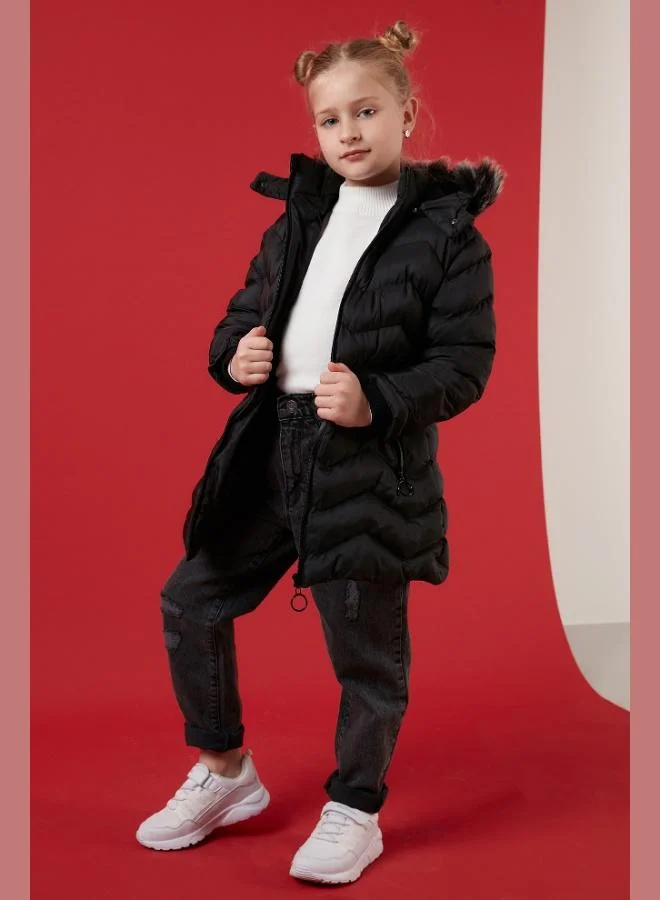 ليلا معطف شتوي بغطاء رأس قابل للإزالة وبطانة فرو صناعي للبنات