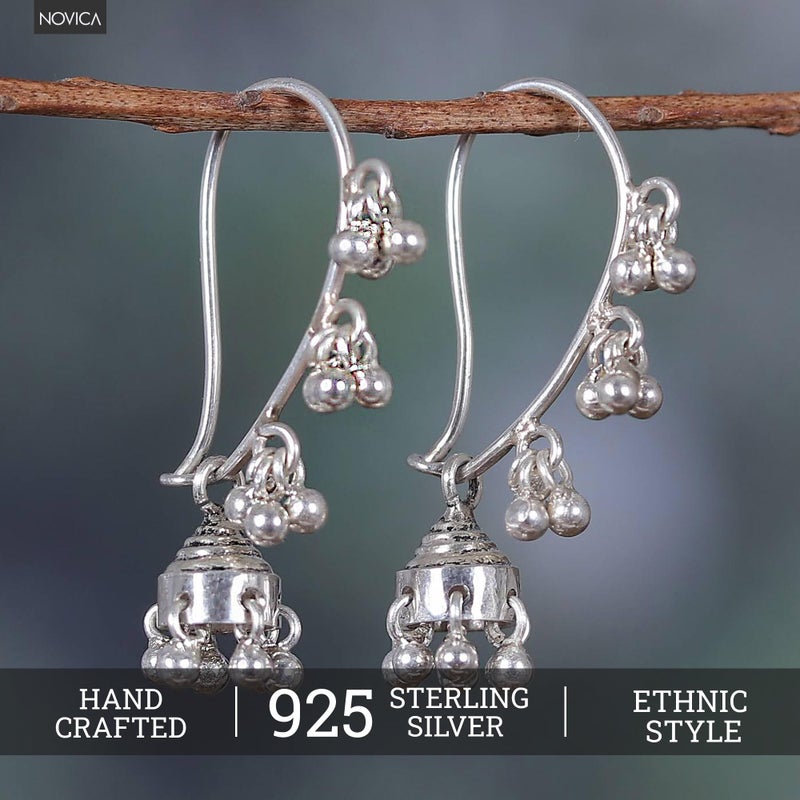 NOVICA Artisan Handcrafted Sterling Silver Chandelier Earrings | Jhumka Chandelier Earrings | Filigree Chandelier Earrings | Sterling Silver Jhumka Earrings | Sterling Silver Chandelier Earrings - Image 2