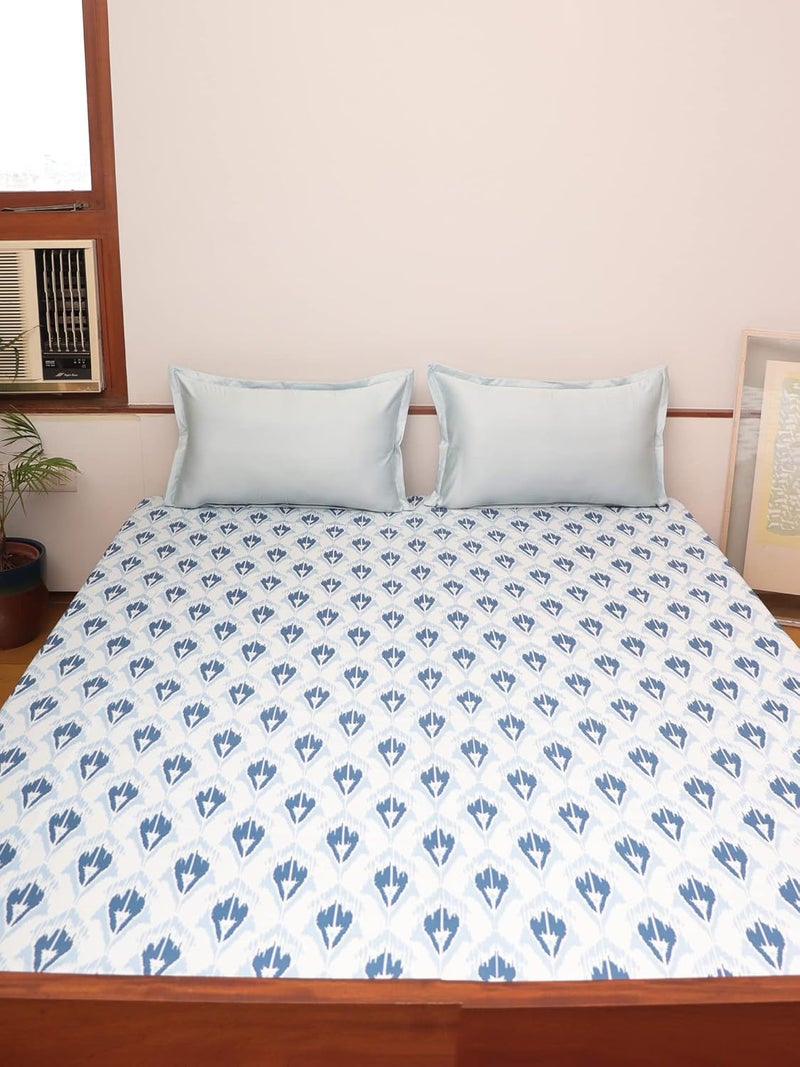 ZEBA World Cotton Blend Bedcover for Double Bed with 2 Pillow Covers Printed Motifs Queen Size Blue Color Bedcover 90 x 108inches 75x9ft Pillow Covers 17x27in - Image 1