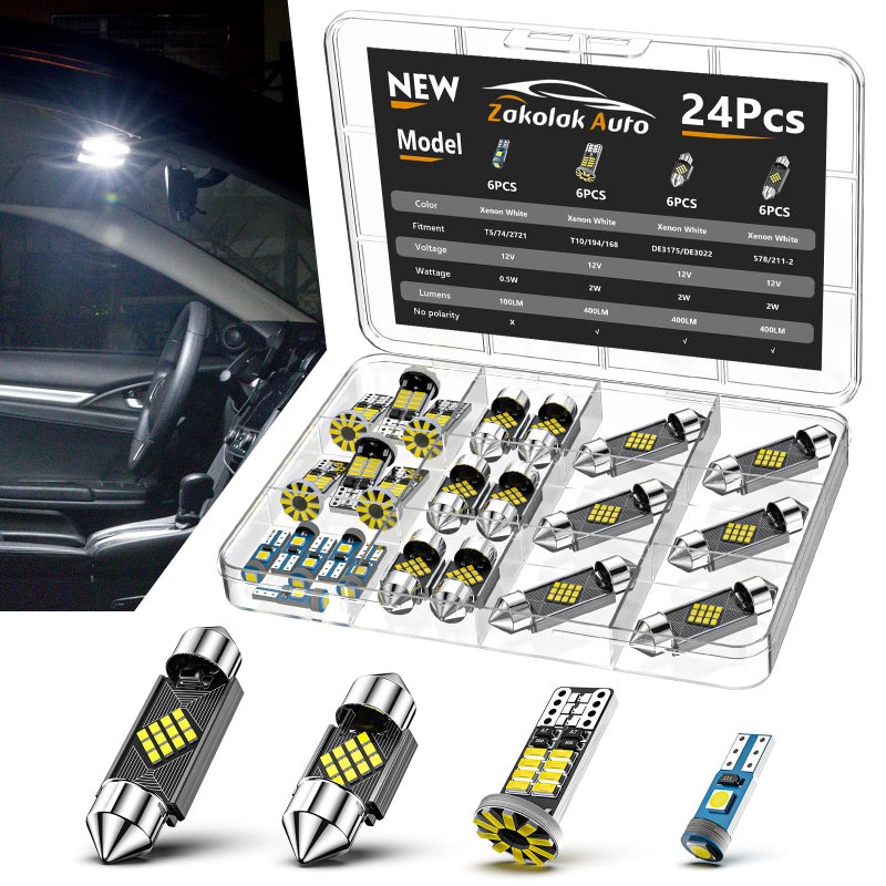 Zakolak 24PCS LED Interior Car Lights, Extremely Bright 6500K White LED Bulb Kit, Applicable to Dome Map Door Lights and Other Parts Replacement for Your Cars, to Help You See Inside The Car at Night - Image 1