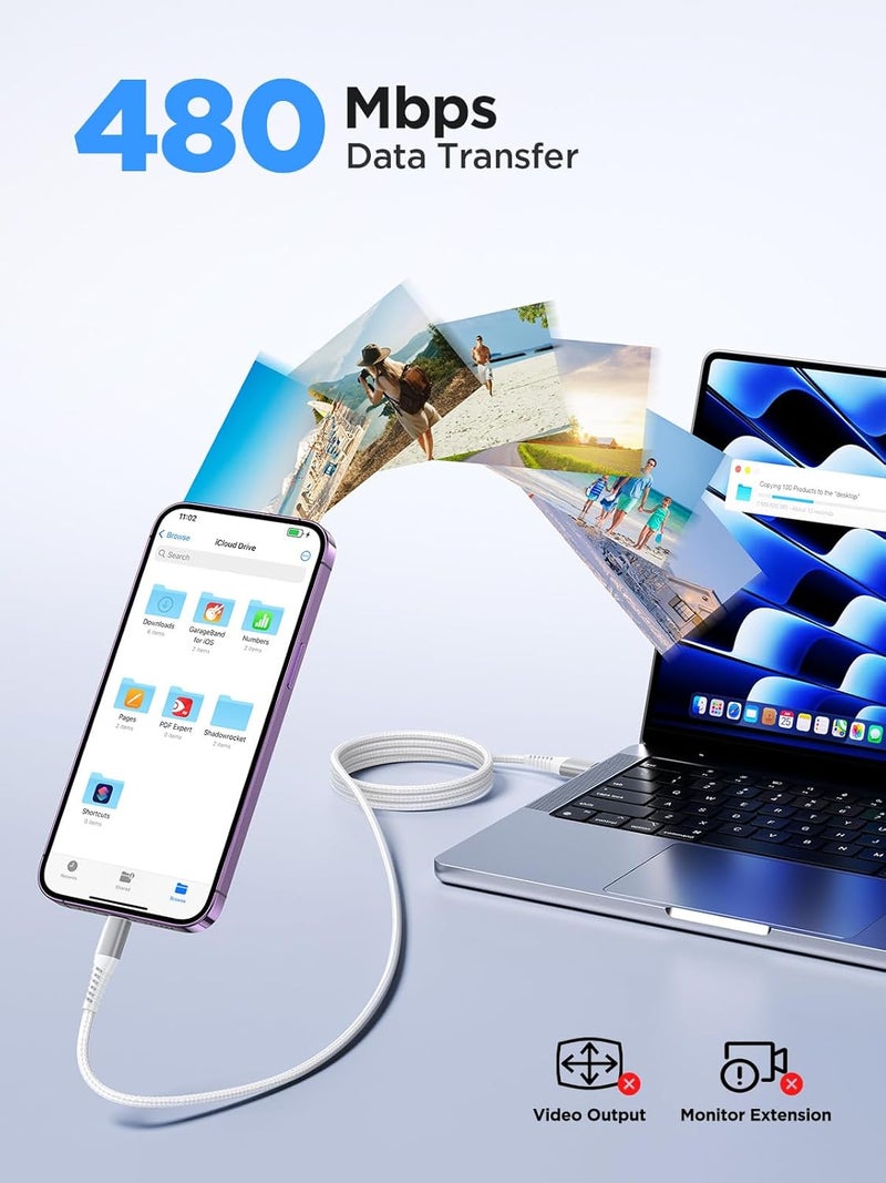 اييونوس كابل USB A إلى Lightning، عبوة تحتوي على 2 قطع، طول كل قطعة 1 متر؛ كابل شحن للآيفون معتمد من MFi، مصنوع من النايلون الملتوي، يدعم الشحن السريع، متوافق مع آيفون 14، 13، 12، 11 Pro، Max، Mini، XS، XR، X، 8، 7 Plus، وأيباد. - Image 4
