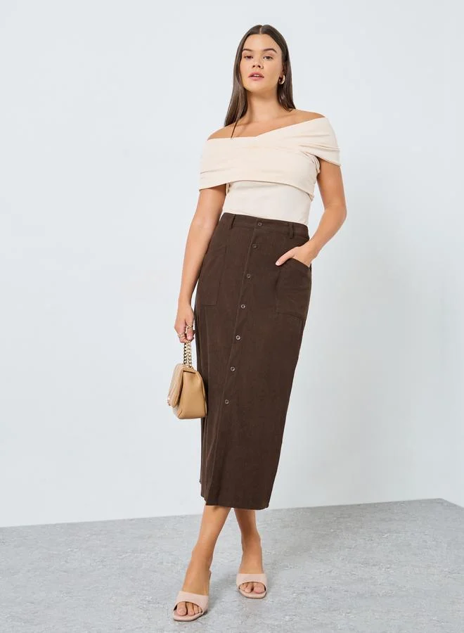 Styli Styli Brown Corduroy A-Line Midi Skirt with Button Front