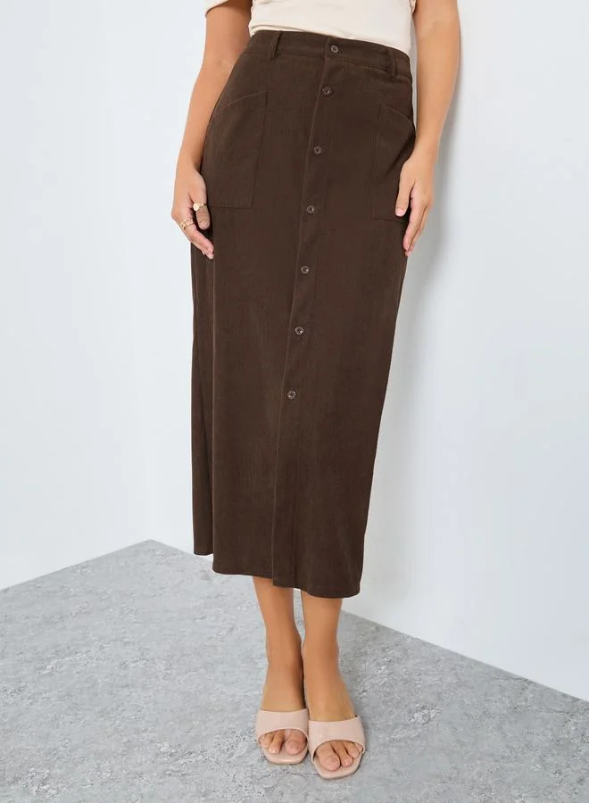Styli Styli Brown Corduroy A-Line Midi Skirt with Button Front