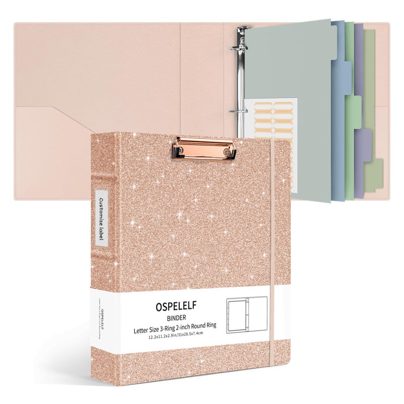 Ospelelf 3 Ring Binder with Clipboard, 2 Inch Leather, Letter Size (8.5" x 11") Dividers with 5 Tabs, Rose Gold - Image 1