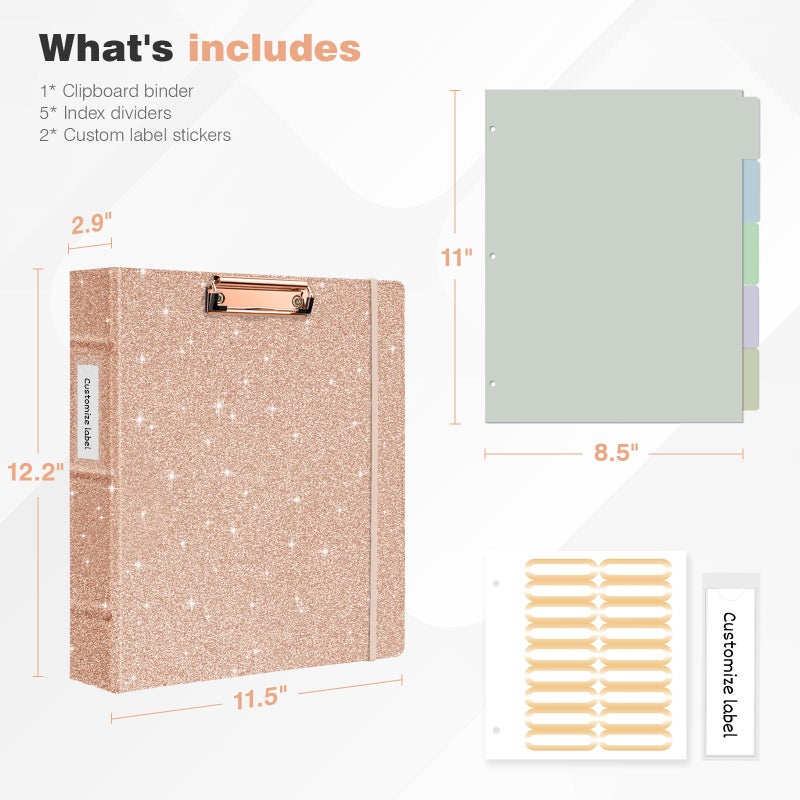 Ospelelf 3 Ring Binder with Clipboard, 2 Inch Leather, Letter Size (8.5" x 11") Dividers with 5 Tabs, Rose Gold - Image 3