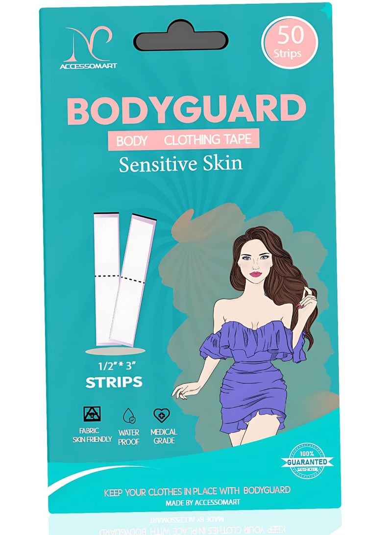 Accessomart Bodyguard Sensitive Skin Double-Sided Clothing & Body Tape – Gentle Hold, Hypoallergenic, Transparent (50 Strips) - Image 1