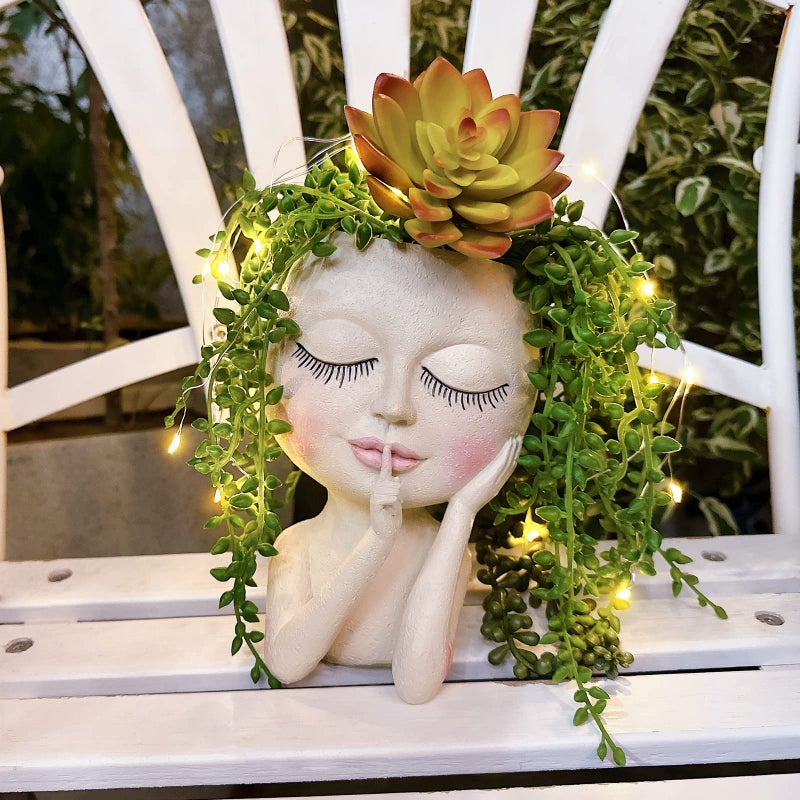 asdfg Solar Face Flower Pot,Head Planter Pot,with Led String Lights Succulent Planter Light,Warterproof Resin Cactus Planters,Cute Closed Eyes Lady Face Planter,for Indoor Outdoor Plant Garden Decor (Large) - Image 2