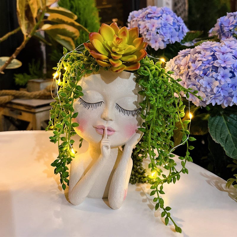 asdfg Solar Face Flower Pot,Head Planter Pot,with Led String Lights Succulent Planter Light,Warterproof Resin Cactus Planters,Cute Closed Eyes Lady Face Planter,for Indoor Outdoor Plant Garden Decor (Large) - Image 1
