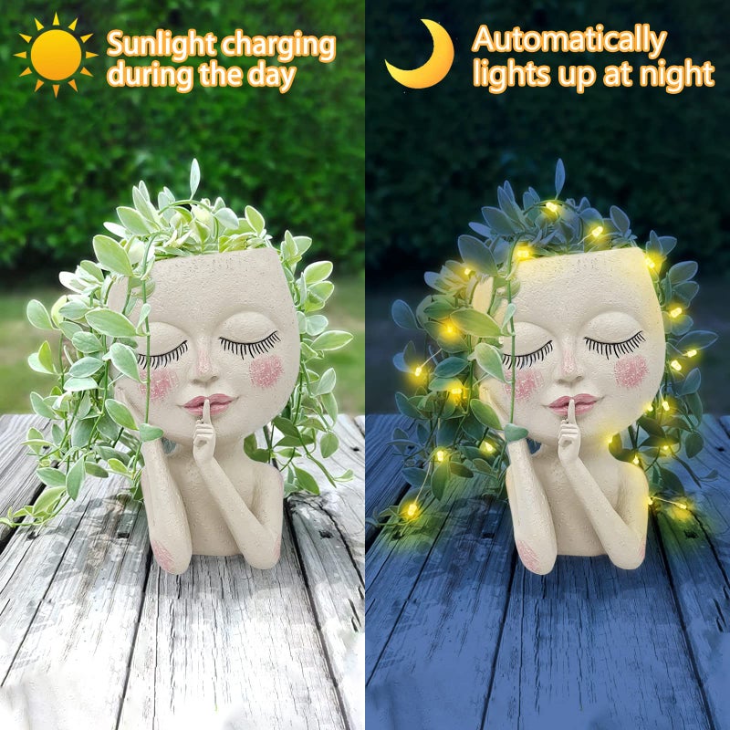 asdfg Solar Face Flower Pot,Head Planter Pot,with Led String Lights Succulent Planter Light,Warterproof Resin Cactus Planters,Cute Closed Eyes Lady Face Planter,for Indoor Outdoor Plant Garden Decor (Large) - Image 4