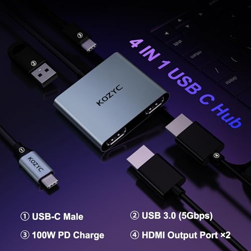 KOZYC USB C to Dual HDMI Adapter 4K@30Hz, KOZYC USB C Hub Multiport Adapter with 2xHDMI, USB 3.0, 100W PD, Support USB C to HDMI Splitter Extended Display for MacBook Pro (MST is not Supported on MacOS) - Image 2