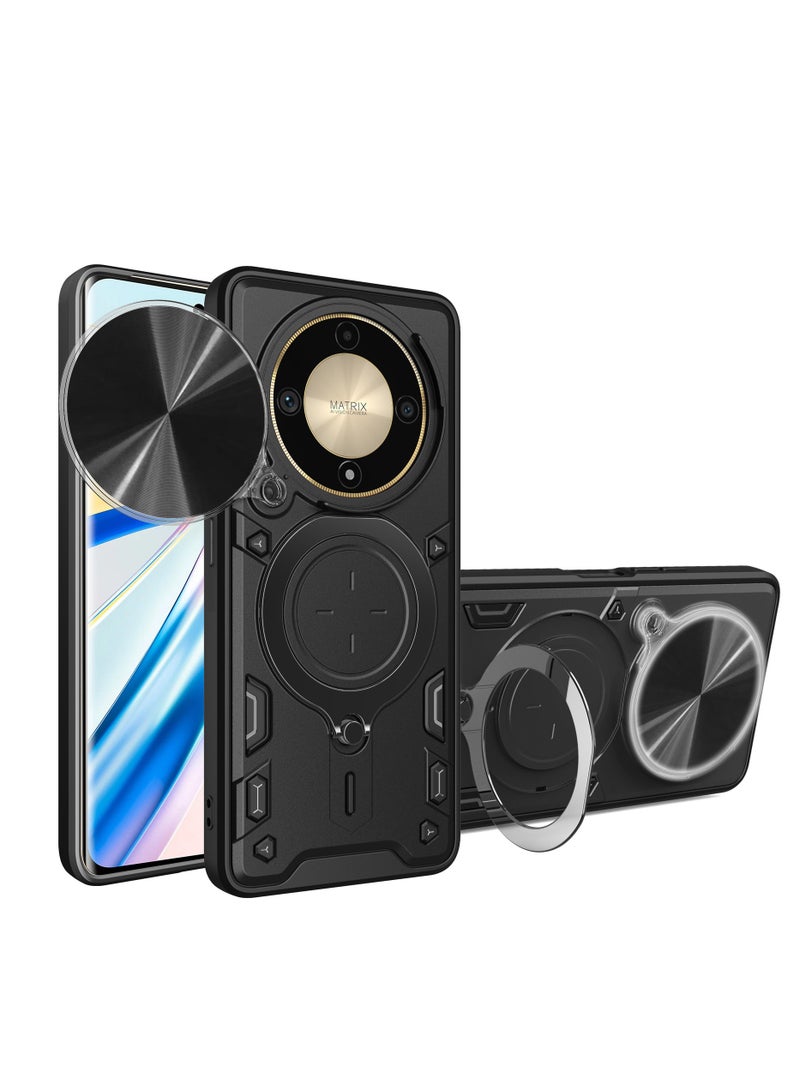 Case Cover for Honor X9c 5G, Slide Camera Lens Cover, 360°Rotating Kickstand Ring, Bumper Shockproof Phone Case，Compatible with Car Magnetic Mount Mobile Phone Case for Honor X9c 5G Black