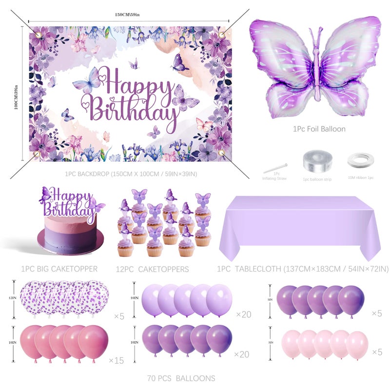 jenmir Purple Butterfly Birthday Decorations Balloon Arch Kit - Glitter Butterfly Party Supplies with Garland, Backdrop, Centerpieces for Women Girls Birthday Party Decor - Image 2