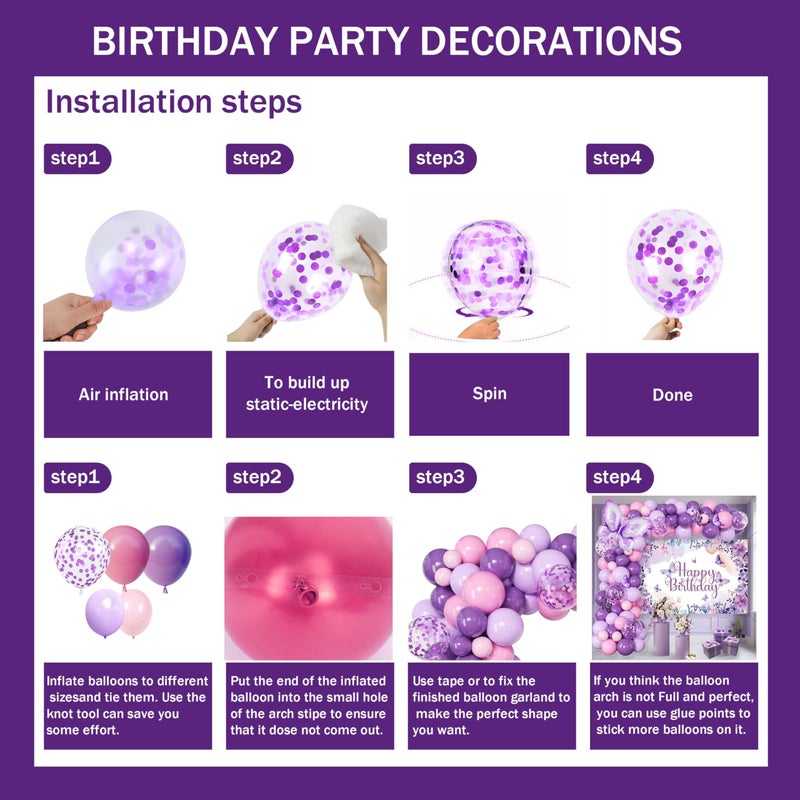 jenmir Purple Butterfly Birthday Decorations Balloon Arch Kit - Glitter Butterfly Party Supplies with Garland, Backdrop, Centerpieces for Women Girls Birthday Party Decor - Image 3