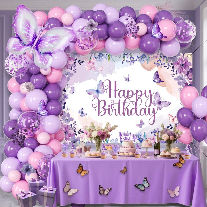 jenmir Purple Butterfly Birthday Decorations Balloon Arch Kit - Glitter Butterfly Party Supplies with Garland, Backdrop, Centerpieces for Women Girls Birthday Party Decor - Image 1