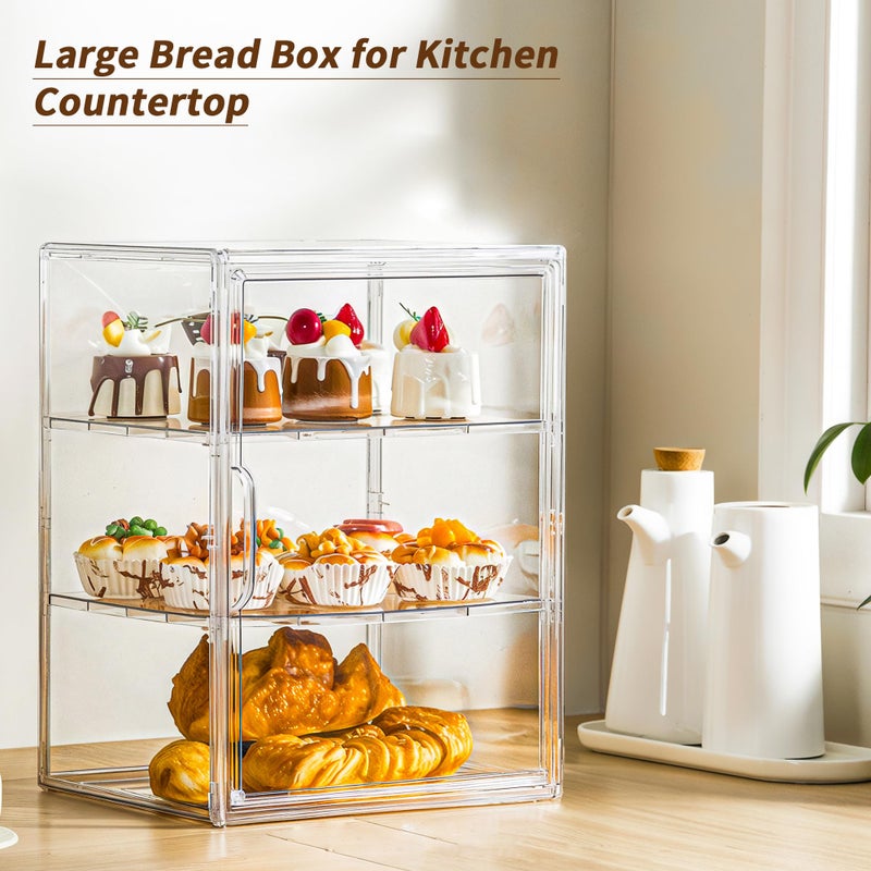Attelite Pastry Display Case, Large Bread Box for Kitchen Countertop, 3 Layers Adjustable Clear Bread Storage with Magnetic Door, Bread Container for Bread, Bagel, Donut - Image 2