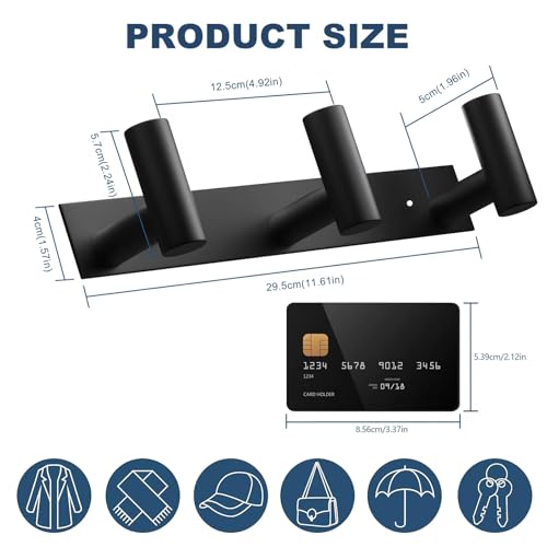 VAEHOLD Black Hat and Coat Wall Mount Rack - 3 Hooks for Robes, Bags, Keys, and Towels - Bathroom Towel Hanger Organizer (1 Pack) - Image 4
