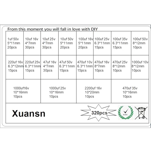 XUANSN Electrolytic Capacitors 1uF 10uf 100uf 1000uF 220uf 47uf 470uf 10V 16V 25V 35V 50V XUANSN Low Voltage Capacitor Kit for Air Conditioning LED Lights Audio Microwave Oven Refrigerator 320Pcs 20Value - Image 2