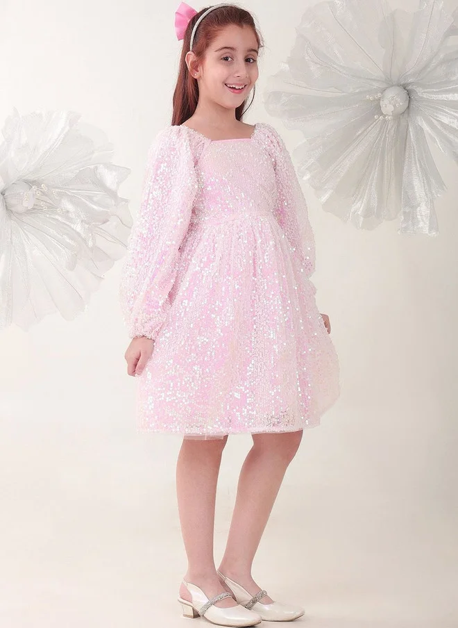 بونكيدز BONKIDS Pink Satin Fit & Flare Dress with Long Sleeves