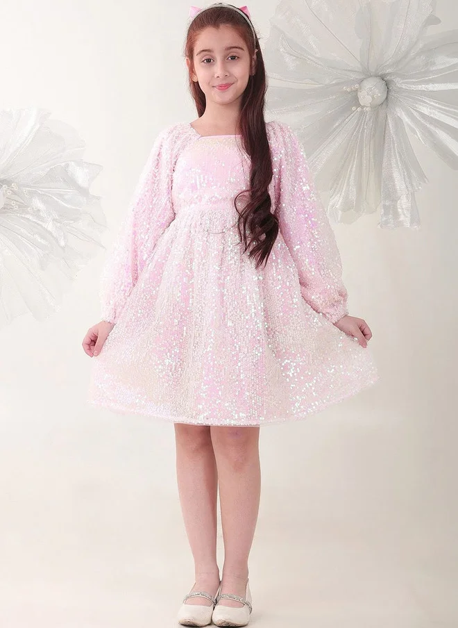بونكيدز BONKIDS Pink Satin Fit & Flare Dress with Long Sleeves