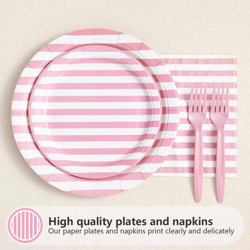 Grencian 96Pcs Pink Striped Party Supplies Pink and White Stripe Plates and Napkins Disposable Pastel Striped Carnival Decoration Favors for Girls Birthday Wedding Bridal Baby Shower Summer BBQ Party Serves 24 - Image 3