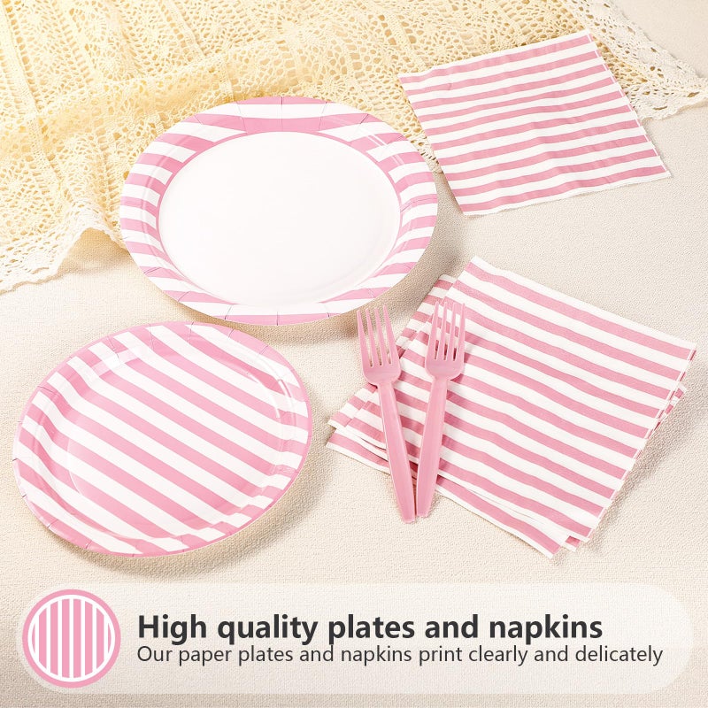 Grencian 96Pcs Pink Striped Party Supplies Pink and White Stripe Plates and Napkins Disposable Pastel Striped Carnival Decoration Favors for Girls Birthday Wedding Bridal Baby Shower Summer BBQ Party Serves 24 - Image 4