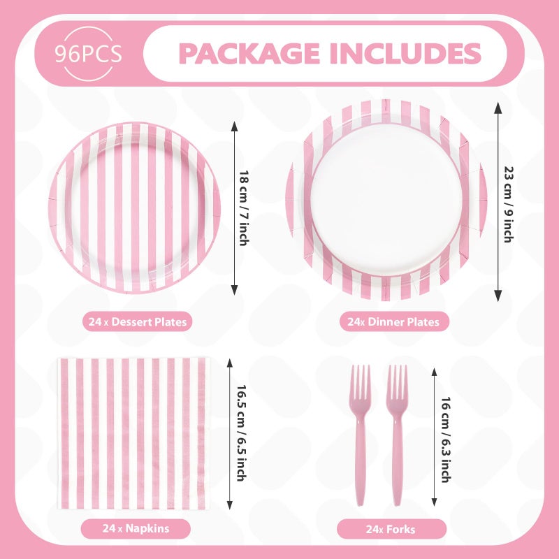 Grencian 96Pcs Pink Striped Party Supplies Pink and White Stripe Plates and Napkins Disposable Pastel Striped Carnival Decoration Favors for Girls Birthday Wedding Bridal Baby Shower Summer BBQ Party Serves 24 - Image 2
